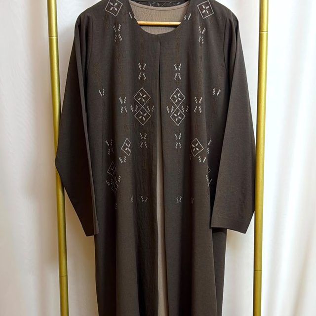 Pale blue abaya with lilac floral trim