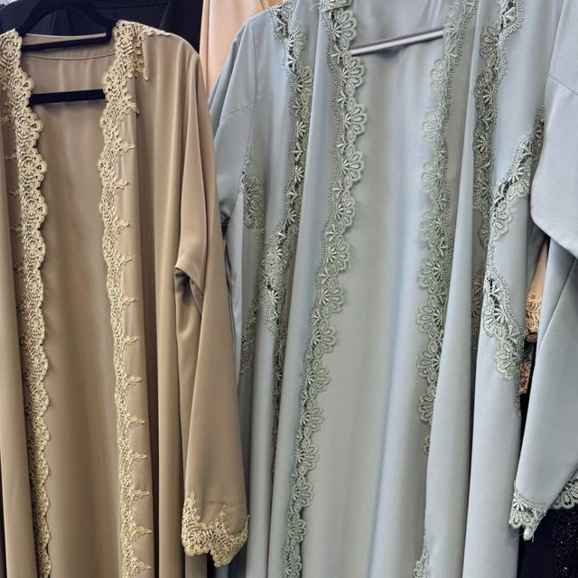 Taupe and sage abayas with gold lace