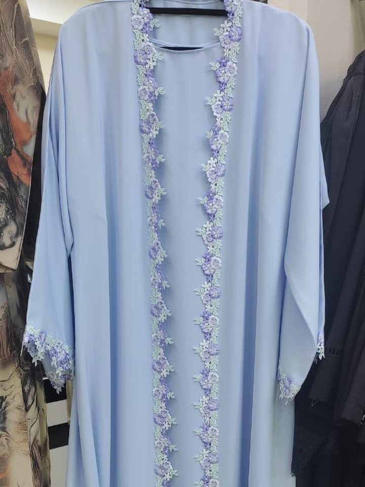 Pale blue abaya with lilac floral lace