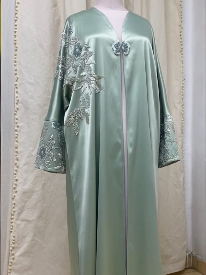 Sage green satin abaya with silver beaded floral embroidery