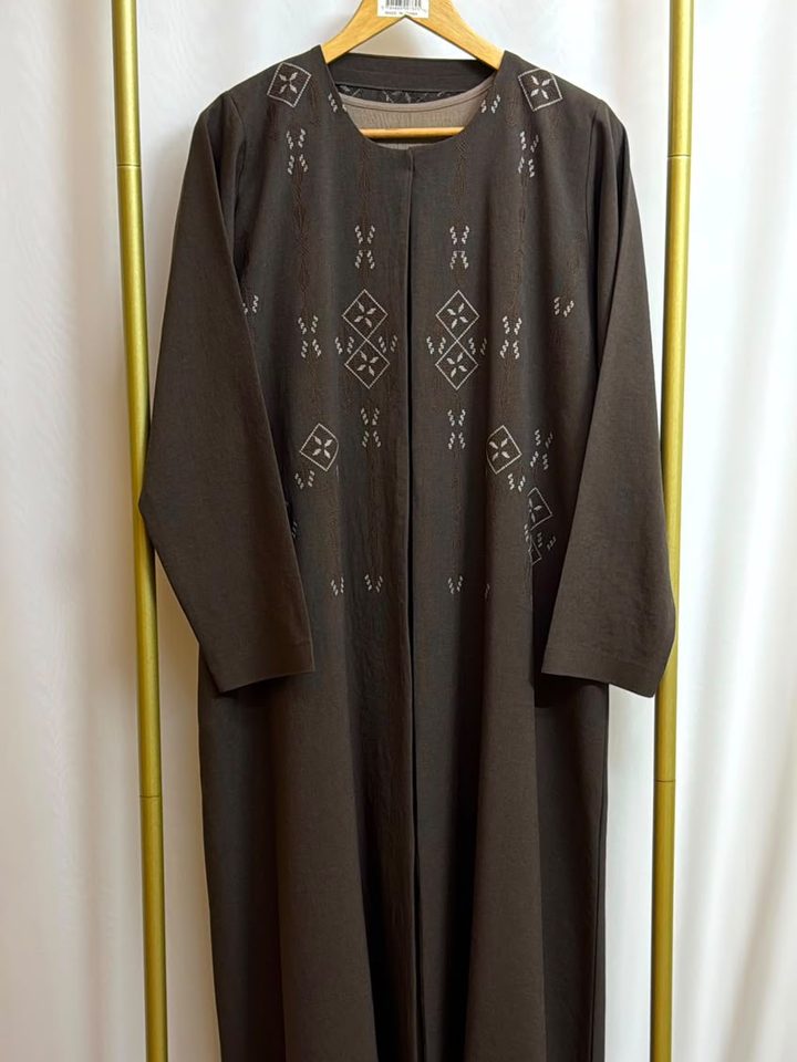 Brown abaya with fine geometric embroidery